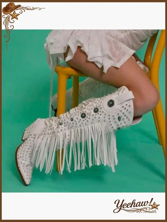 Western Cowgirl Boots with Rhinestones and Fringe, Pointed Toe, Knee-High - Picture 3 of 7
